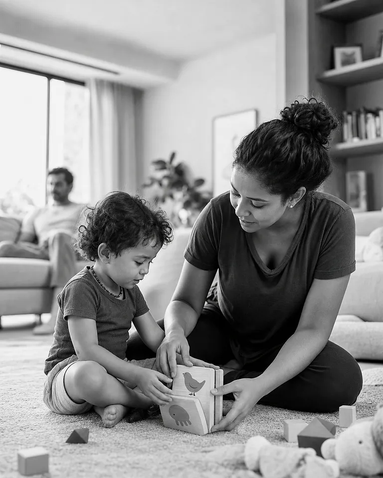 Babá interagindo com uma criança durante uma atividade educativa